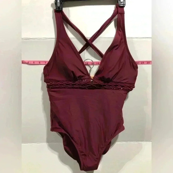 Kona Sol Macrame Cut out low cut One Piece Burgundy Swimsuit,cross back scoop - Picture 5 of 11